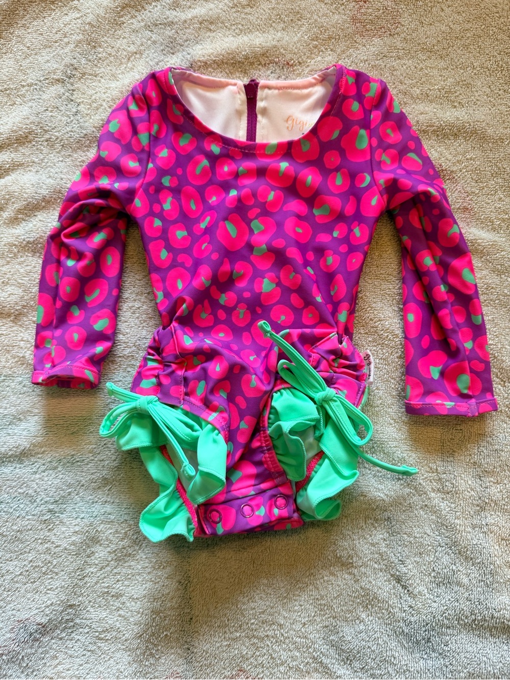 Girls Long-Sleeve Pink & Green Ruffle One-Piece Swimsuit